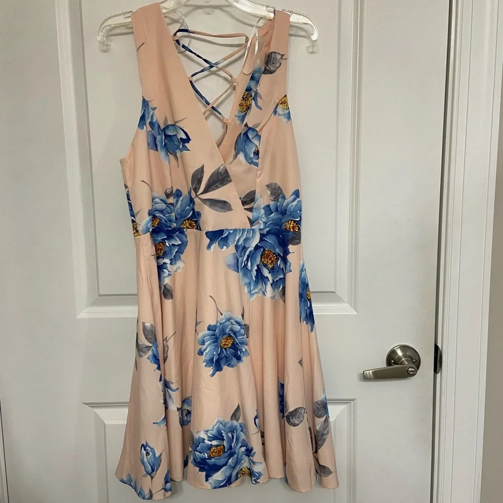 Sleeveless Beige Floral Fit & Flare Dress with Blue Blooms NWOT